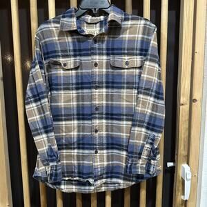 Grove & Hollow Shirt Mens Medium Blue Brown Plaid Flannel Button Up Casual